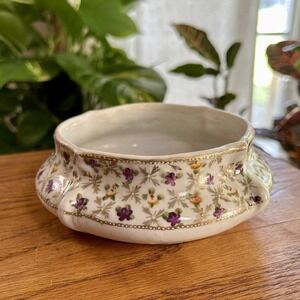 Antique Nippon Hand Painted Dainty Floral Porcelain Trinket Bowl Gilt Rim